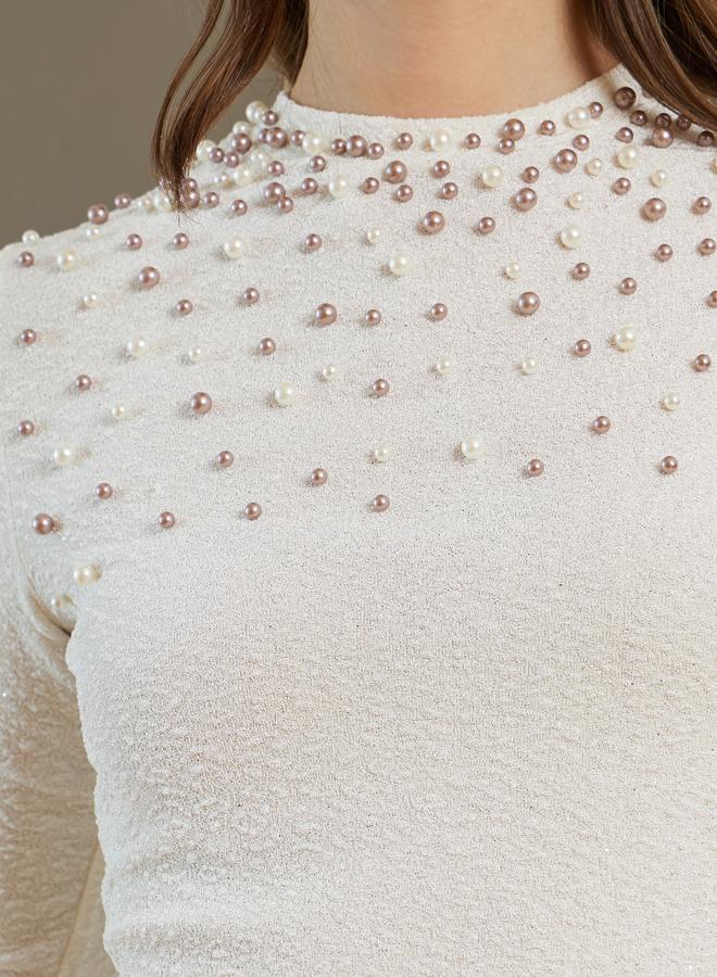 ستايلي بلوزة بتفاصيل محبوكة وأكمام طويلة وتفاصيل لؤلؤ - Image 3